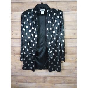 Vintage Open Front Jacket 8 Black Silver Polka Dots Blazer Sheer Satin Disco